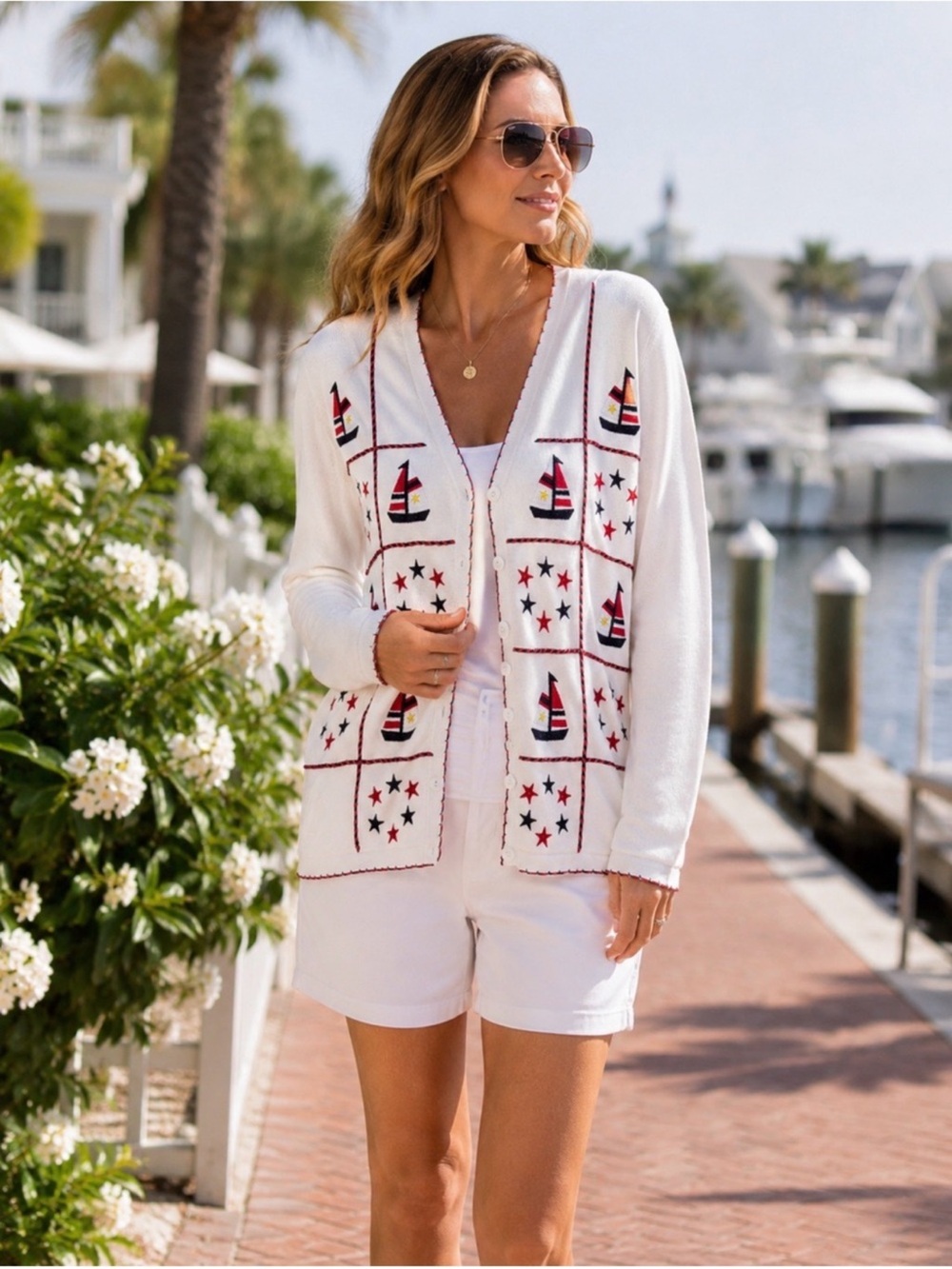 Vintage Bobbie C Nautical Sailboat Embroidered Cotton Cardigan Size Medium